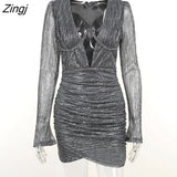 Sexy Deep V Neck Ruched Women Dress Black Long Sleeve Shoulder Pads Dress Female Autumn Slim Elegant Party Clubwear