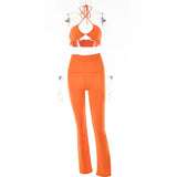 Casual Backless Two Pieces Sets Women Sexy Halter Hollow Out Top Long Flare Pant Suit Party Outfits Strapless