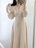 Dresses for Women Vintage Robe V-neck Puff Sleeve Folds Vestidos Mujer High Waist Temperament