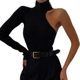 Zingj Winter New Women's Fashion One Shoulder Long Sleeve Round Collar Slim Solid Color Onesie