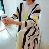 And Winter New Large Size Long Sweater Dress Women Loose Striped Knitted Sweater Korea Style Casual Knit Dresses