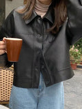 Vintage Lapel Neck Pocket Loose Short Leather Jacket- Outfit