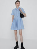 Polo Ruffles Pleated Dresses Women Short Sleeve Solid Vestidos Chic Lattice Tie Summer Mini A-line Dress Preppy