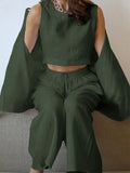 Women Vest Shirt Pants 3 Pieces Set Cotton Linen Crop Tank High Waist Wide Leg Pants Suit Female New Causal Lady