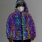 Three-Dimensional Pocket Dazzling Color Reflective Cotton Coat Rainbow Color Luminous Hooded Padded Jacket Large Size Cotton-Padded Jacket-Outfit
