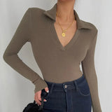 Women V-neck Long Sleeve Skinny T-Shirt Female Sexy Top Autumn Winter Casual Slim Ladies Tees