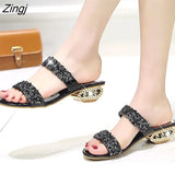 Sequin Slippers Women Summer Luxury Golden Square Heel Party Shoes Slides Woman Open Toe Med Heels Beach