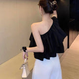 Blouses Women Solid Folds Skew Collar Crop Top Slim Thin Summer French Style Classic Gentle Design Sexy Mujer Ins