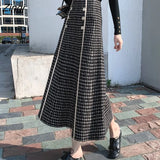 Plaid Wool Tweed Skirt Women Elegant Korean Style High Breasted Skirt Autumn Winter Streetwear Warm A-line Midi