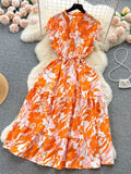 Women Floral Chiffon Midi Dress Vintage V-Neck Ruffle Hem Elegant Single Breasted Vestidos Female Vacation Beach Robe