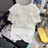 Chic Sweet 3D Flowers Shirts for Women 2022 Spring Summer Short Sleeve Graphic T Shirts Causal O-neck Korean