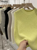 Vests Women Solid Hollow Out All-match Autumn Knitting Soft Warm O-neck Retro Fashion Loose Ulzzang Streetwear