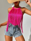 Women's Hot-Selling Solid Color Sleeveless Neck Top Ladies' Fashionable Tassel Beach