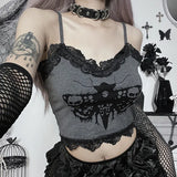 Spice Girl Lace Splicing Suspenders Dark Wind Personality Moth Printing Shows Thin