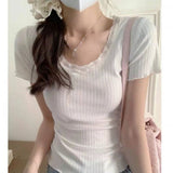 Aesthetic Lace Trim Short Sleeve Bow TeeOutfit