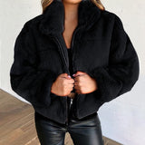 Warm Jacket Women Long Sleeve Zipper Coat Solid Stand Up Collar Outerwear Plush Female Clothes Plus Size