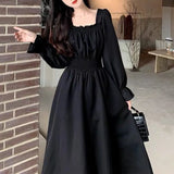 Black Elegant Dress Women Vintage Long Sleeve Spring Autumn Dresses Square Collar Oversize Loose Casual Robe