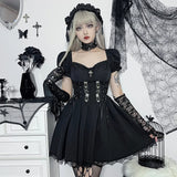 Cross Print Strap Shoulder Lace Spliced Dress Dark Sexy Slim Princess