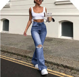 Broken Hole Slim Horn Jeans Woman-Outfit