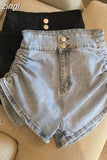Sexy Shirring Slim Denim Shorts Women Fashion Korean High Waist Casual Shorts Summer Button All Match Harajuku Shorts