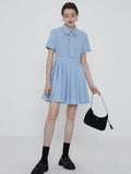 Polo Ruffles Pleated Dresses Women Short Sleeve Solid Vestidos Chic Lattice Tie Summer Mini A-line Dress Preppy