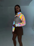 Dazzling Reflective Short Coat Women's Fantasy Luminous High Waist Standing Collar Jacket Plus Size Zipper Smock-Outfit