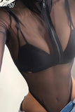 Zipper Turtleneck Skinny Black Mesh Bodysuit Women See Through Sexy Body Fashion Club Party Bodysuits Tops One