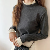 Semi-High-Necked Velvet Bottomed Blouse With A New Style Of Long-Sleeved Knitted Velvet And Warm Lace