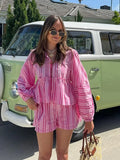 Striped Print Shorts Suit Women Lace Up Bow T-shirts High Waist Wide Leg Short Pant Sets 2024 Fashion Holiday Lady