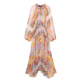 Summer Print Lace-Up Loose-Fitting Midi Dress