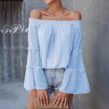 Off Shoulder Blouse Women Fashion Solid Color Long Sleeve Plus Size Casual Sexy Shirts Female Chiffon Tops And