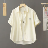 Korean Version Of Casual Smiley Face Embroidered Short-Sleeved Shirt Women 2025 Spring And Summer New Small Plaid Short