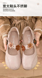 Zingj Round-Headed Single Shoes, Soft Leather, Retro Flowers, Mother's Shoes, Soft Leather, Shallow Mouth, Large Size Cover, Comfortable Grandma