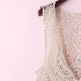 Knitted Vests Women Deep V-neck Slim Single Breasted Hollow Out Sleeveless Outwear Hook Flower Vintage Waistcoats