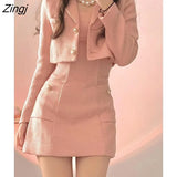 Autumn Pink Elegant Two Piece Set Women Korean Style Balzer Coat+Strap Mini Dress Set Female Solid Casual Slim Designer