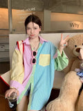 Spring Summer Women's Blouse Kawaii Shirt Korean Sweet Candy Color Patchwork Striped Long Sleeve Tunic Beautiful