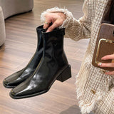 Zingj Brown Square Head Thick Heel Short Boots Women's Spring And Autumn Single Boots 2024 New Rear Zipper Martin Boots Women's