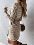 Lady Blazer Dress Women Notched Double Breasted Houndstooth print dress Elegant Autumn Long sleeve With Belt Dress