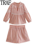 Pink Shorts Set Woman 2 Pieces Summer Embroidery High Waist Bermuda Shorts And Top Set Vacation Outfits For Women 2025 211-1-Outfit
