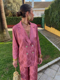 Women's Elegant Printed Pant Set Spring Fashion V Neck Long Sleeve Coat Loose High Waist Trousers Sets Fashion Chic Ladies