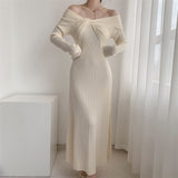 Zingj Hepburn Style Advanced Sexy Shoulder Black Long-Sleeved Knitted Dress Women's Autumn Temperament Slim