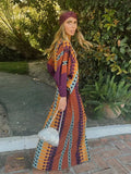 Ethnic Style V Neck Slit Maxi Dresses Women Patchwork Dot Printed Long Sleeve Loose Dress 2024 Chic Summer Street