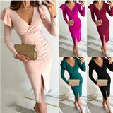Zingj 2023 Deep V-Neck Personality Temperament Closed Waist Open Fork Solid Color Long-Sleeved