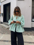 Printed Bow Lace Up Hollow Out Shirt Women loose O Neck Puff Sleeved Tops Blouses 2024 Spring Female Cropped