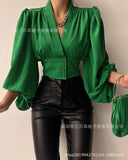 Zingj Wise Hot Style Spring New Temperament Button V-Collar Lantern Sleeve Jacket