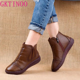2021 Winter Genuine Leather Ankle Boots Handmade Lady Soft Flat Shoes Comfortable Casual Moccasins Side Zip Ankle