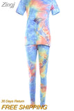 Women Tie Dye Sports Clothing Sets Lady Pullover Short Sleeve O Neck T Shirt Top + High Waist Knee Length
