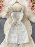Women Two Piece Set 2023 Korean Fashion Bowtied Collar White Blouse And Spaghetti Strap Single Breasted Mini Tweed Dress