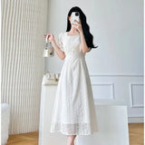 Lace Midi Dresses for Women 2023 New Summer French Embroidery Square Neck Short Sleeve Elegant Fashion Female