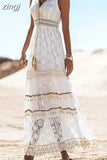 Dress Women Sexy White Dress Female Fashion V Neck Short Sleeves Summer Dress Ladies Hollow Out Maxi Dress Robe